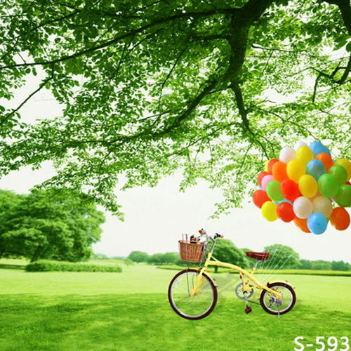 

8x8FT Custom Photography Backgrounds Studio Backdrops Spring Green Grass Trees Field Park Bicycle Balloons Prints Vinyl 10x10