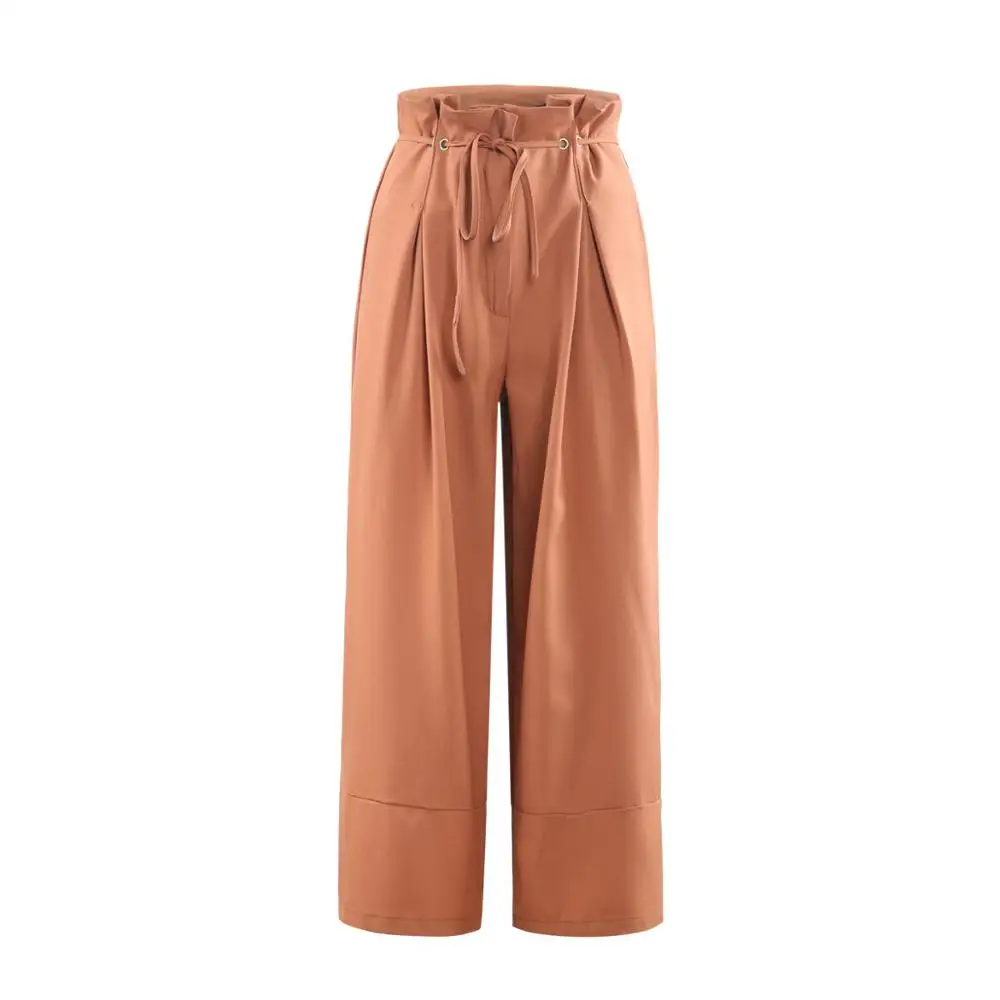 Хаки широкие брюки с высокой талией пояс оборками на талии офисные женские