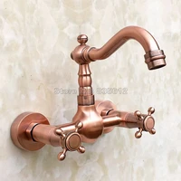 wall mounted antique red copper kitchen sink swivel spout faucet bathroom basin dual cross handles mixer taps wrg030