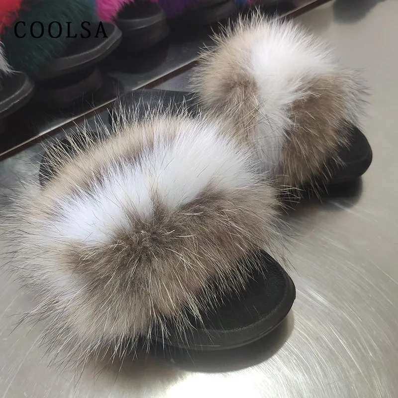 Coolsa/Лидер продаж; летние женские меховые тапочки; шлепанцы без задника с натуральным лисьим мехом; Дизайнерская обувь на плоской подошве; пушистые плюшевые туфли; женские комнатные тапочки; милые меховые тапочки; Pantufa - Цвет: raccoon white stripe