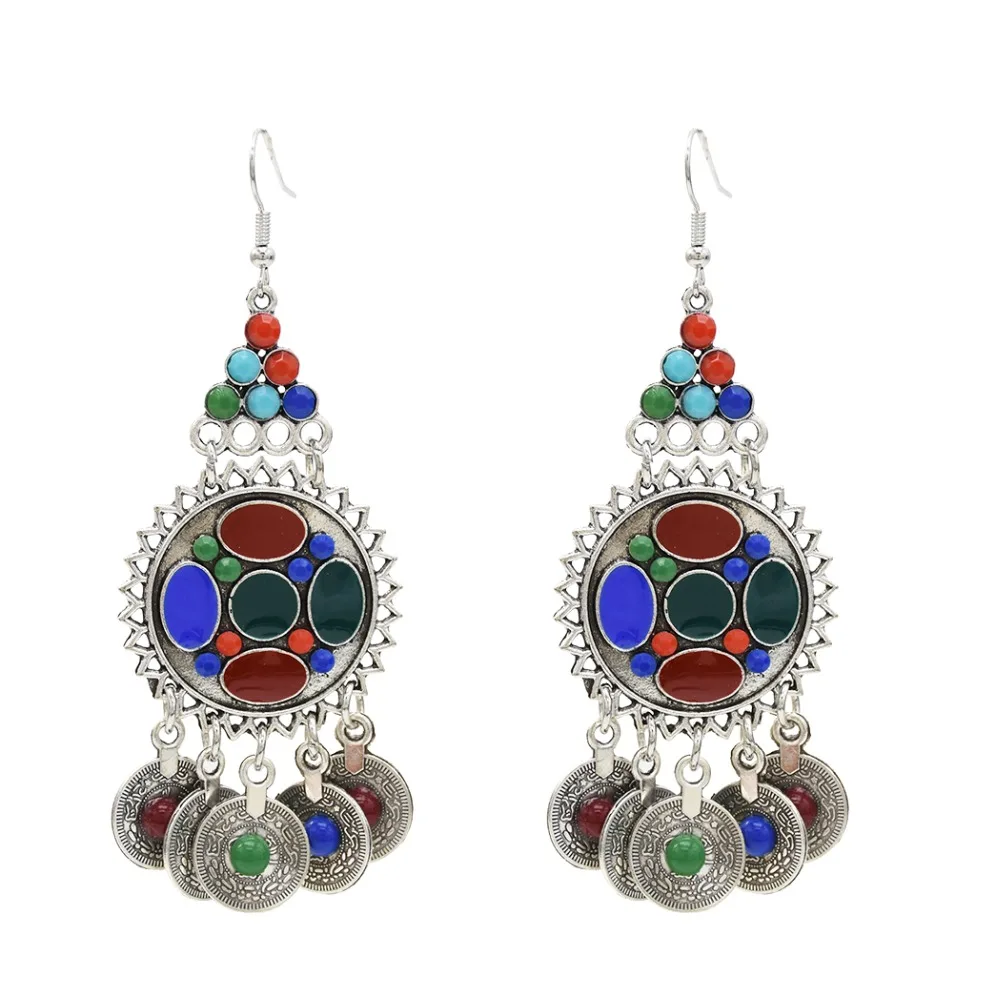 Цыганская голова цепи Jhumka серьги наборы Индийский танец живота Серебряная монета из бисера заявление этнические ювелирные изделия