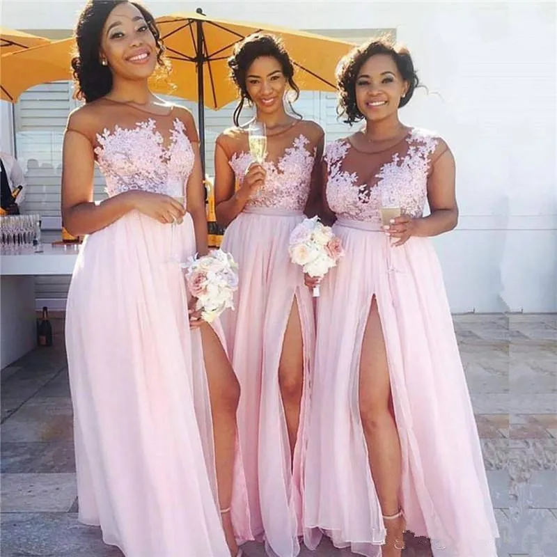 Pink Sheer lace Bridesmaid dress long Vestido de festa robe soiree Slit Up hochzeit kleider gast | Свадьбы и торжества