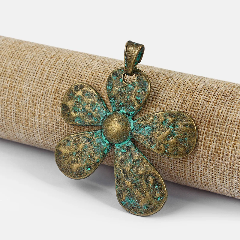 2pcs Patina Verdigris Large Abstract Flower Charms Hammered Pendant For Necklace Jewelry Making Findings Accessories 68*71mm | Украшения и