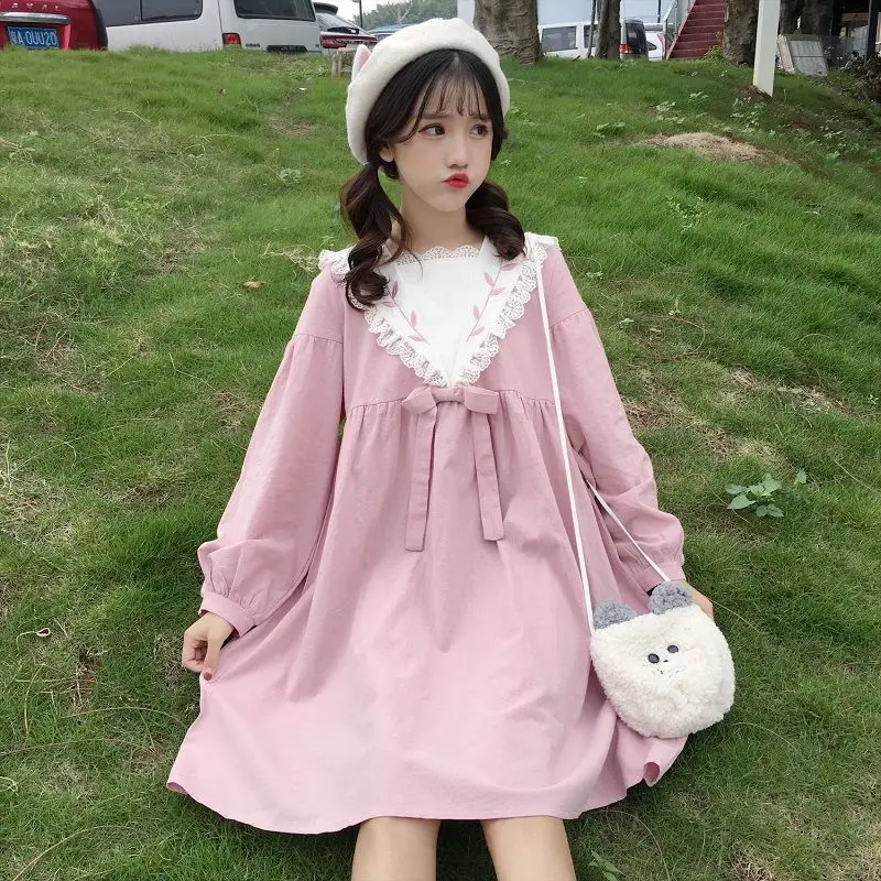 Harajuku Весна Винтаж оборками Kawaii платье кружево лоскутное высокая талия милое