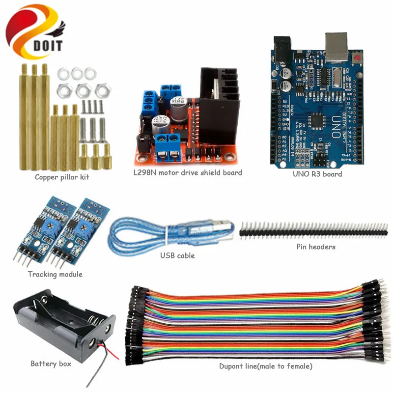 

DOIT Starter Kit for Arduino Smart Car Chassis for arduino Board, L298N Motor Drive Shield, Tracking Module, Dupont Line