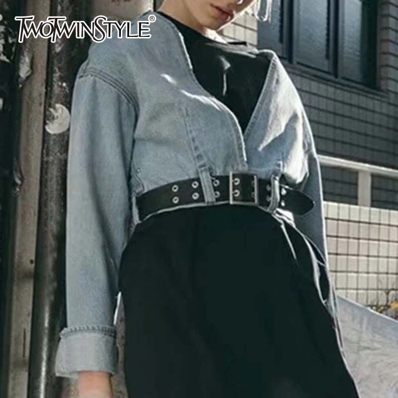 Женская джинсовая куртка TWOTWINSTYLE осенняя винтажная с v-образным вырезом и длинным