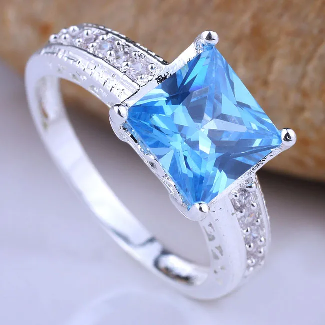 Blue Topaz Для женщин Подлинная кольцо стерлингового серебра 925 8x8 мм Площади CZ Ювелирные изделия из кристаллов платье R080 Размеры 6 7 8 9 - Цвет основного камня: Blue Topaz