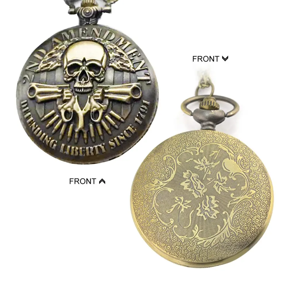 Lover's Bronze Vintage Antique Skull Head And Gun Pattern Pocket Watch Necklace Clock With Chain | Наручные часы