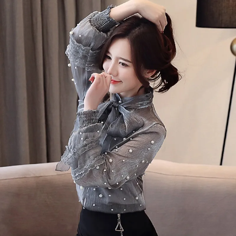 

UHYTGF Fashion woman blouses 2019 New splice beading Spring autumn tops shirt Female Long sleeve chiffon Bow ladies blouses 1496