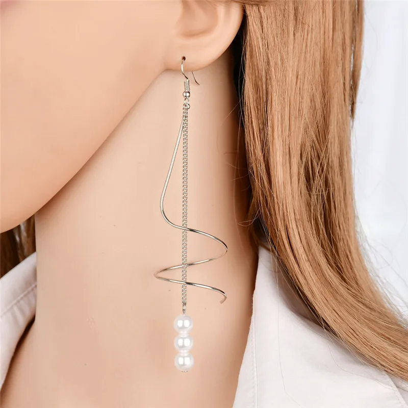 Classical Kpop Accessories Silver Gold Long Earrings Pearl Wrap Spiral Drop For Women Summer 2018 DropShipping | Украшения и