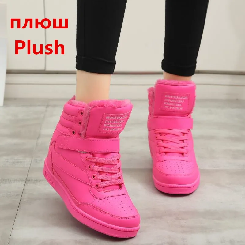 Rose red plush Новинка года ботильоны сезон весна-осень обувь на каблуке женская повседневная обувь увеличивающая рост обувь комбинированного цвета с высоким берцем для взрослых ботинки сезон зима - Цвет: Rose red plush