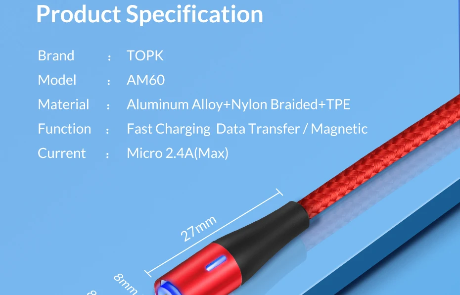 TOPK 1 м светодиодный магнитный USB кабель для быстрой зарядки данных Micro USB кабель для Galaxy S7 Xiaomi Redmi Note 4 планшет Android, телефон кабель