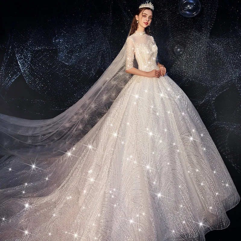 Vivian's Bridal 2019 звездное небо мусульманский с высокой шеей свадебное платье