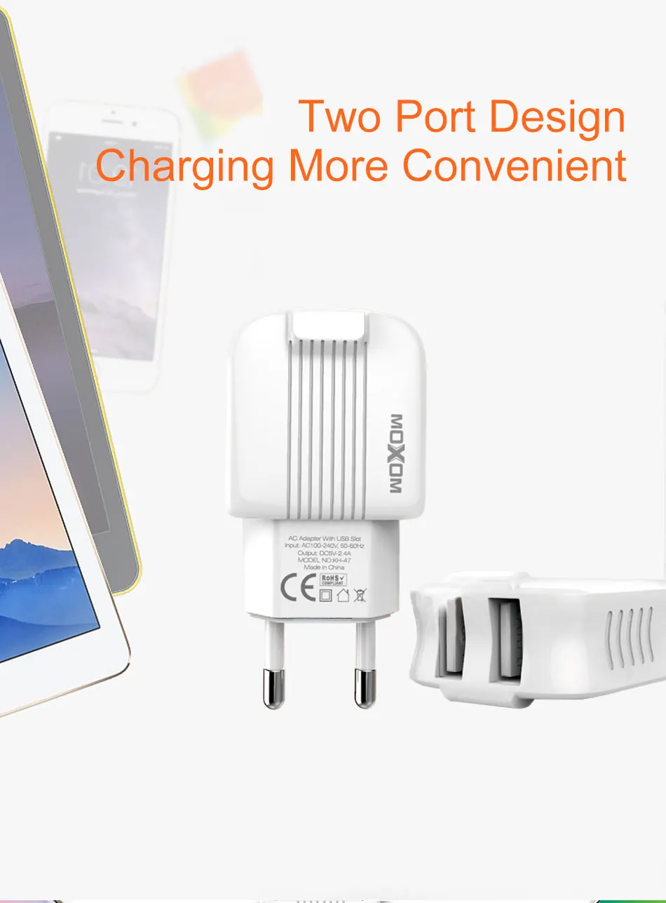 MOXOM USB зарядное устройство Dual USB зарядное устройство для iPhone Xs X 8 7 быстрое зарядное устройство для телефона для samsung Xiaomi huawei настенное зарядное устройство адаптер ЕС