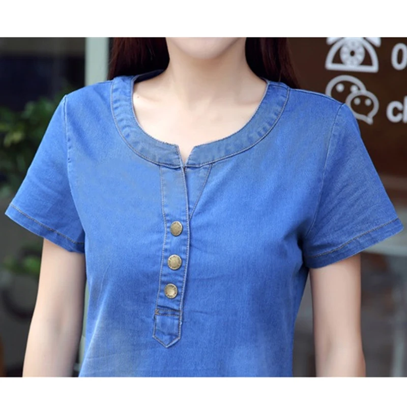 Summer Denim Dress Women 2019 New Fashion Round neck Short sleeve Jeans Dresses Plus size Female Loose A-Line N292 | Женская одежда