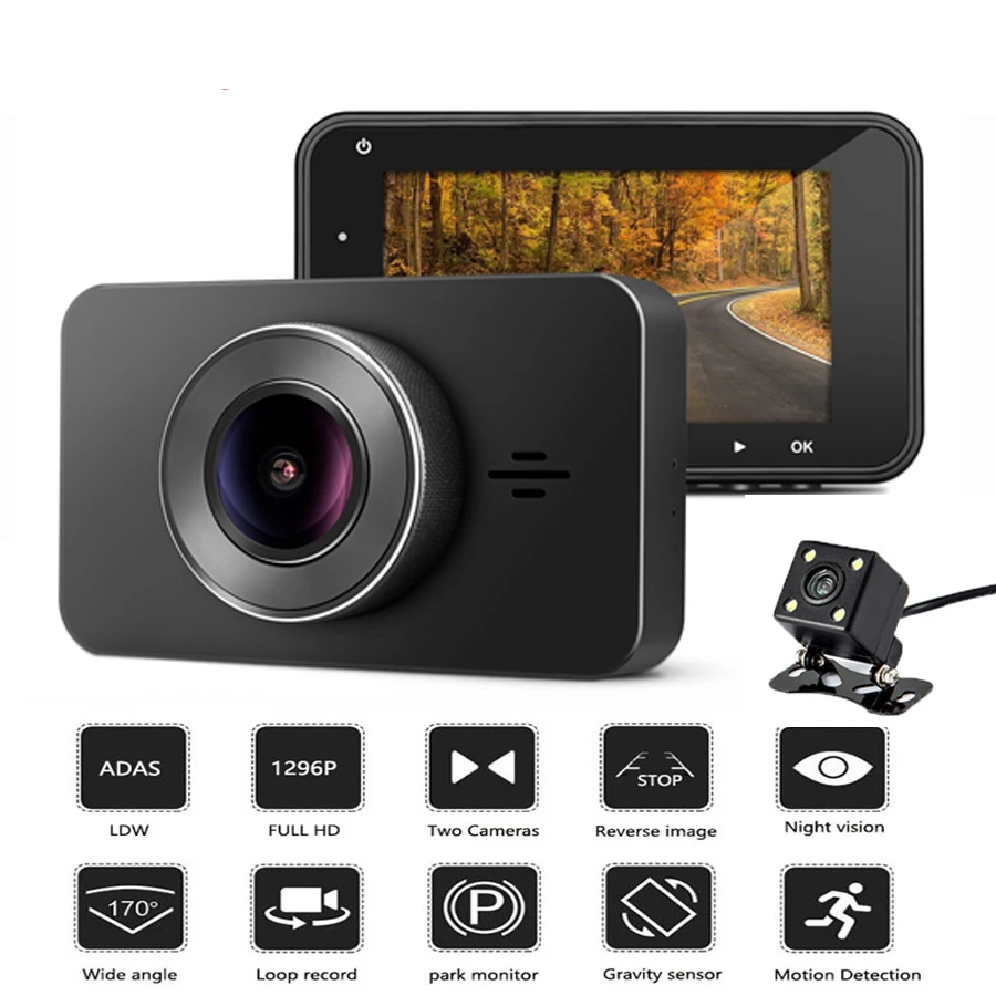Автомобильный видеорегистратор 3 0 дюйма с двумя объективами Full HD 1296P ночного