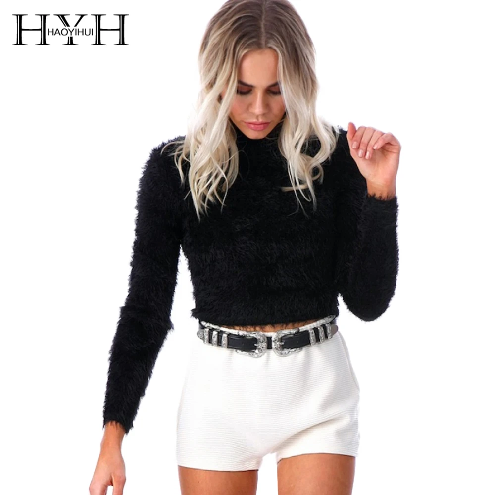 HYH HAOYIHUI Solid Black Women Sweaters High Collar Long Sleeve Loose Brief Crop Tops Streetwear Slim Velvet | Женская одежда
