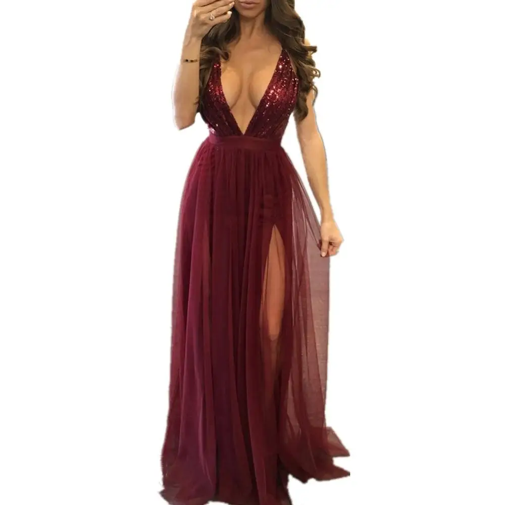 

Women New elegant Deep V-Neck off shoulder sleeveless chiffon lace stitching floor-length party dress clubwear summer dress