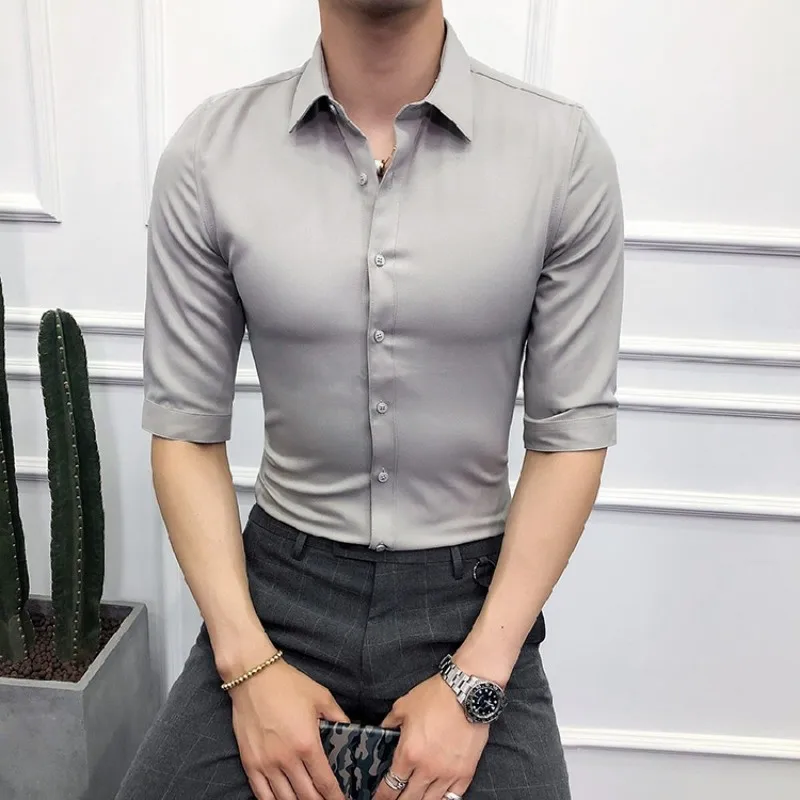 Мужская рубашка облегающая однотонная в английском стиле с коротким рукавом 2019 |