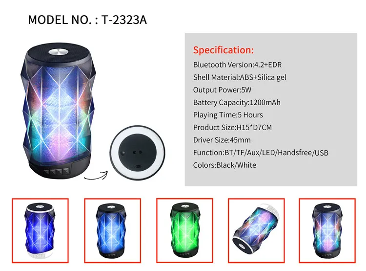 Горячая T-2323A мини беспроводной динамик Bluetooth 4,2 переносной стерео Динамик с микрофоном и Красочный Светодиодный свет Поддержка AUX USB TF карты