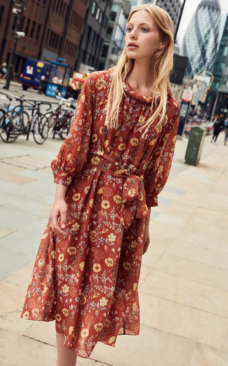 Vero Moda New Women's Low-cut Round Neckline Balloon 3/4 Sleeves Printed Chiffon Dress | 31837C515