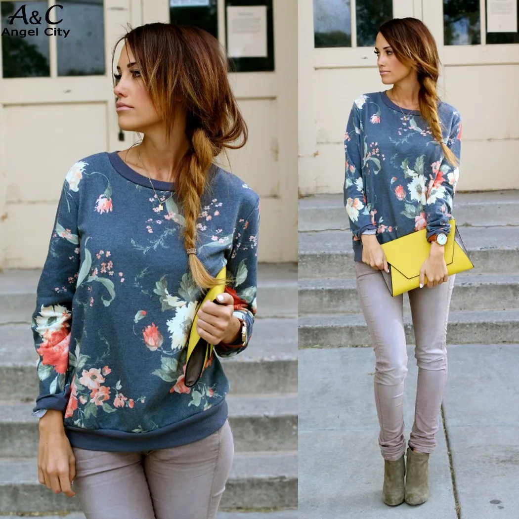 2015 High Quality Women Casual O Neck Long Sleeve Hoodies Tops Flower Printed Sweatshirt Autumn Plus Size 41 | Женская одежда