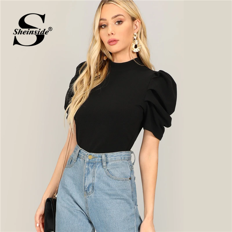Sheinside, женская футболка с пышными рукавами, сексуальные топы с вырезами сзади,, летняя водолазка, короткий рукав, женская футболка, черная, элегантная, тройники