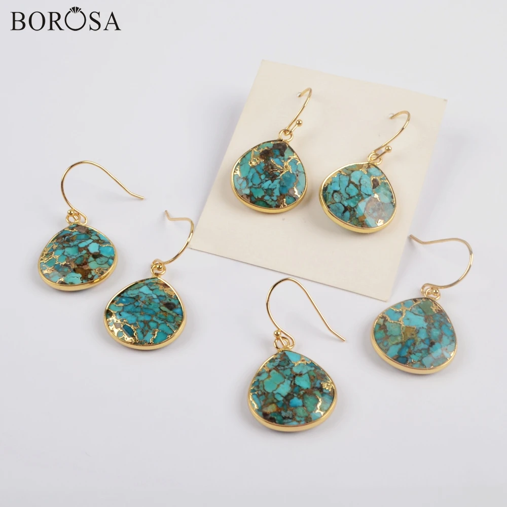 

BOROSA 5Pairs Teardrop Gold Plating Copper Natural Turquoises Drop Earrings High Quality Gems Stone Dangle Earring Jewelry G1858