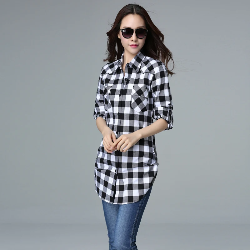 

High quality women's casual cotton lapel long-sleeved plaid shirt women's slim coat spring and autumn women's women's slim coat