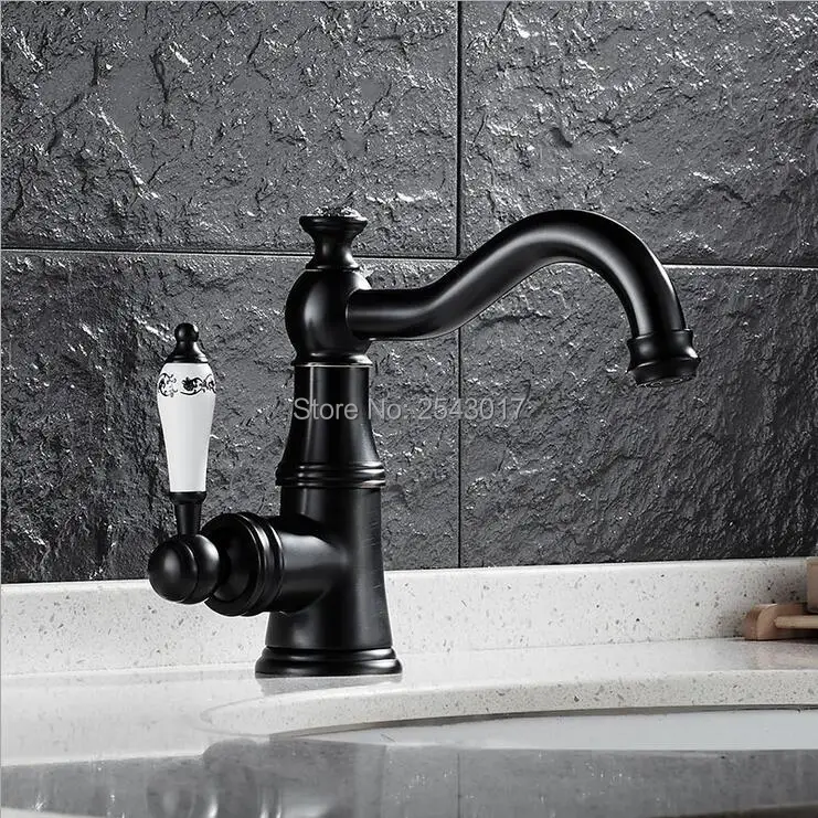 

Bathroom Swivel Faucets Black Bronze Finish Ceramic Handle 360 Swivel Spout Basin Hot and Cold Vessel Sink Mixer Taps ZR351