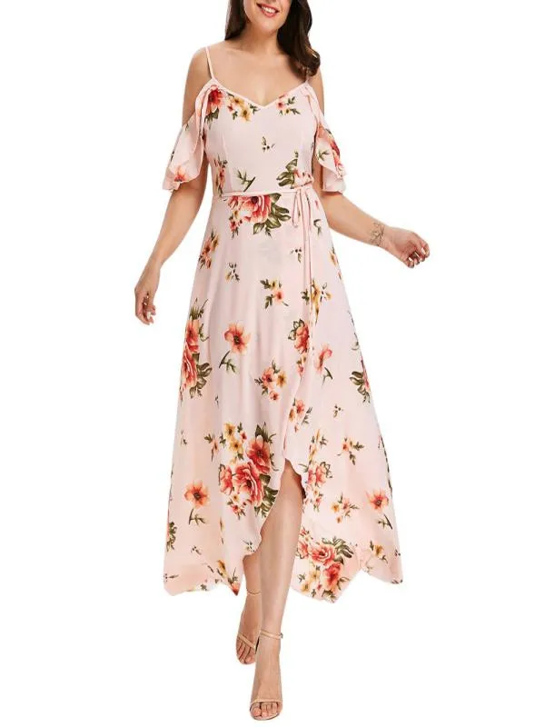 

Women's Long Dress Chiffon Short Sleeve Off-shoulder Boho Beach Print Flower Summer Dress Plus Size Long Dress Vestido