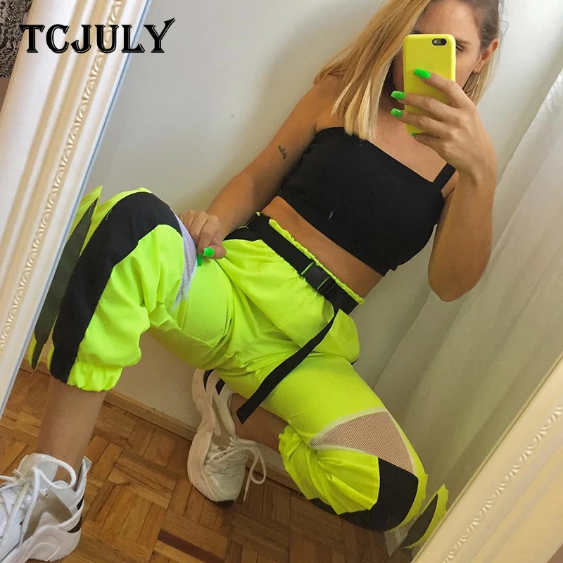 TCJULY модные Лоскутные Летние штаны с высокой талией штаны для уличного бега повседневные неоновые зеленые прямые штаны