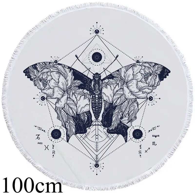 003 Towel 100cm Постельное белье Outlet Death Moth круглое пляжное полотенце Готический Череп полотенце большое для взрослых бабочка Toalla кисточкой Луна галактика коврик для пикника - Цвет: 003 Towel 100cm