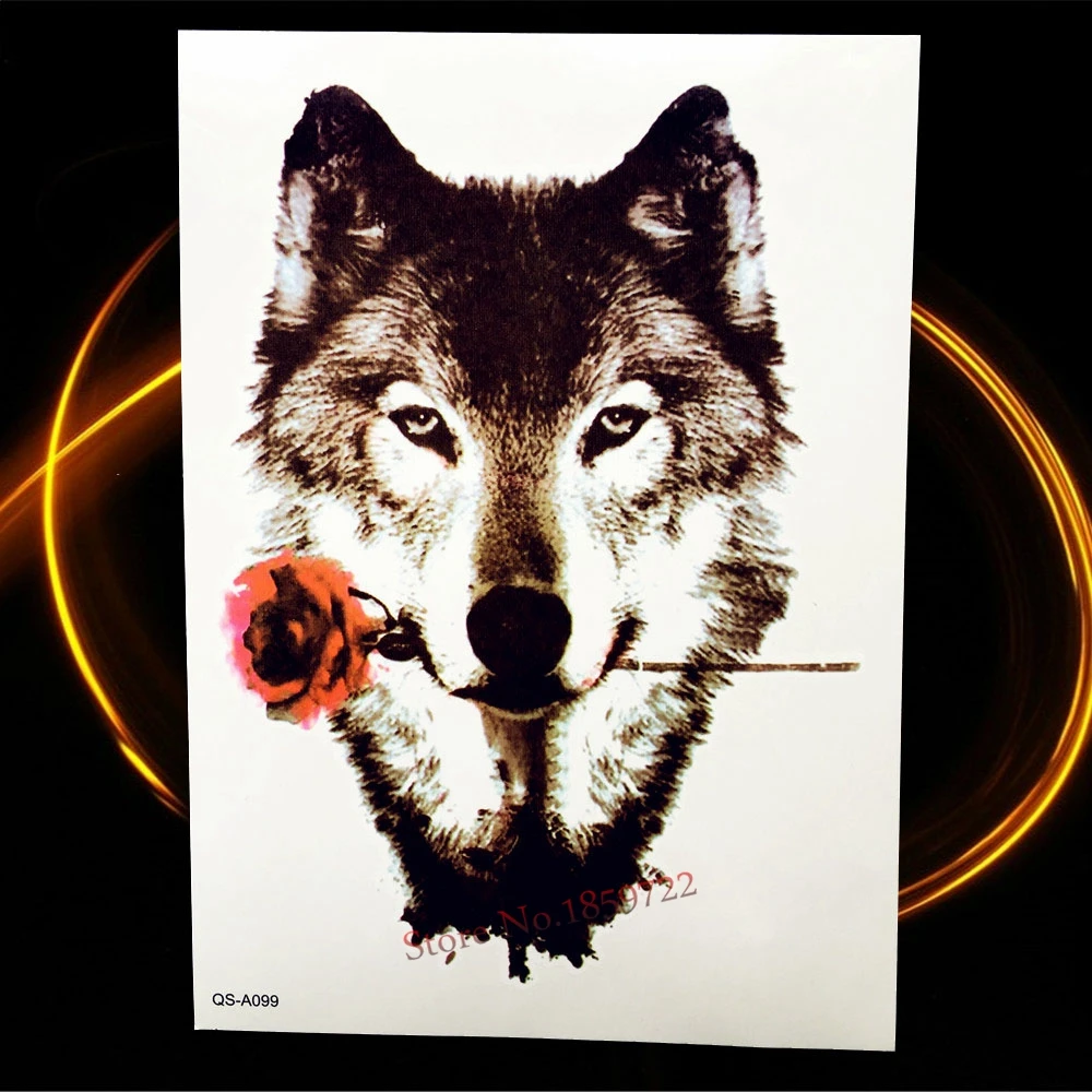 Black Sexy Wolf With Rose Flower Temporary Tattoo Women Body Art Fake Flash Stickers 21*15CM Waterproof Tatoo Arm Sleeve | Красота и