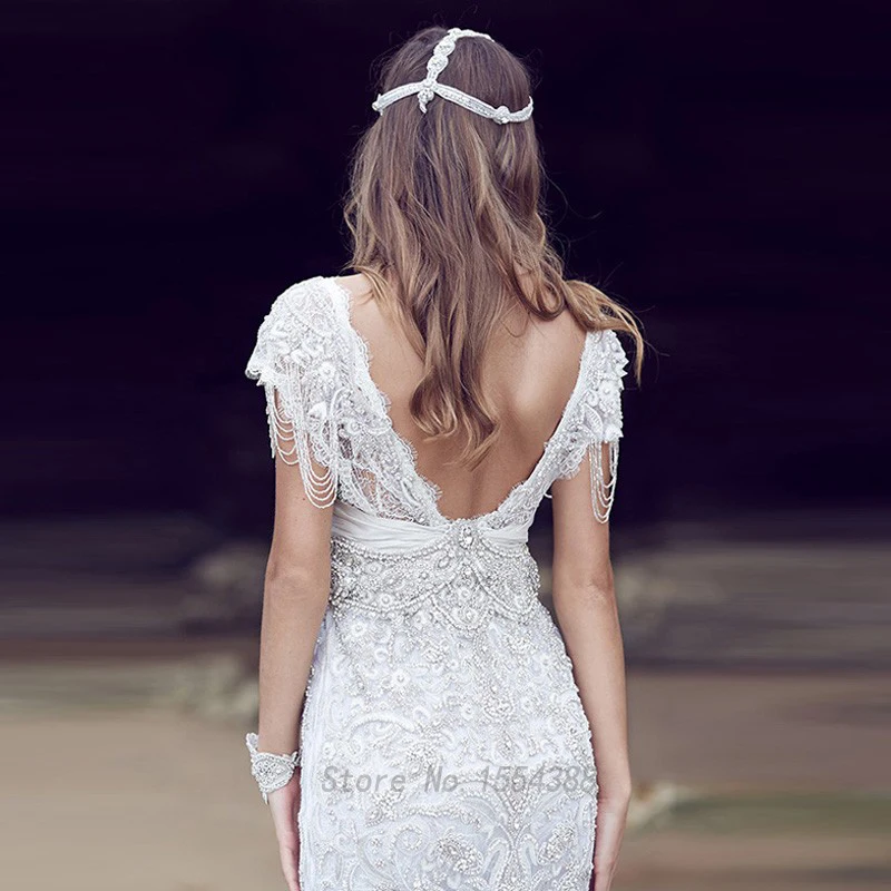 Sexy Beach Свадебное Платье Роскошные Бусы Кристалл Русалка Кружева Boho 2017 Vestido де Noiva