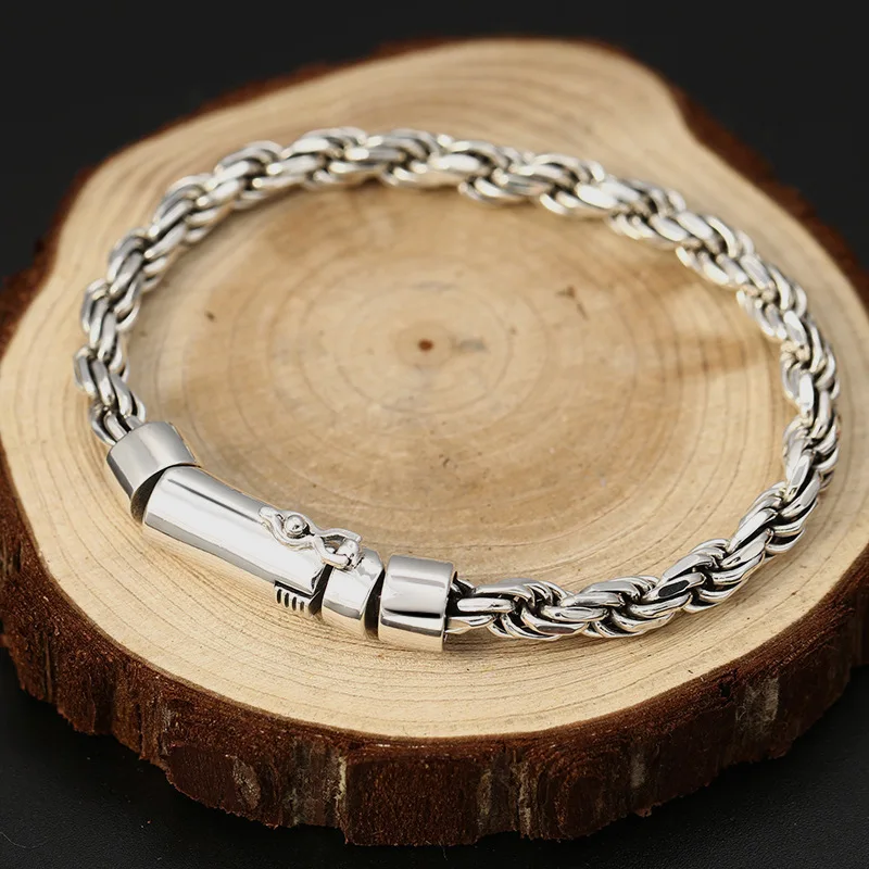 

100% 925 Sterling Silver Rope Twisted Bracelet for Punk Fashion Male Vintage Thai Silver Bracelet Bangle Men's Handmade Jewelry