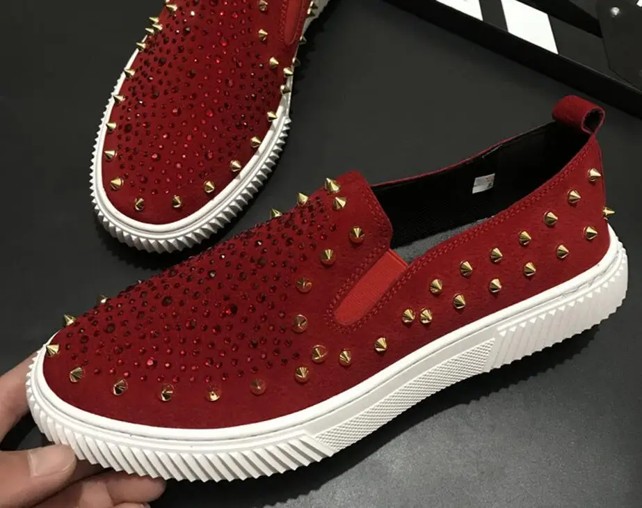 B-99 Red Black white Bottom Fashion Silver Rivet loafers Spikes Casual Dress Glitter Smoking Slipper Men shoe | Обувь