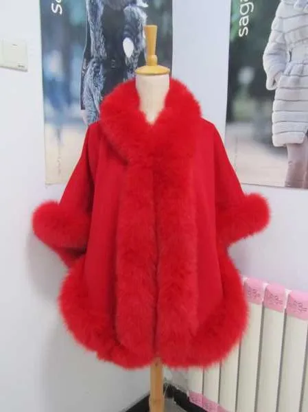 Free shipping red cashmere cape real fox fur trim length 70cm pashmina for women |