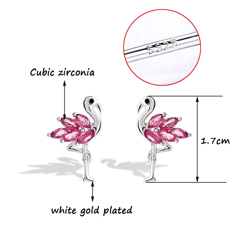 

SINLEERY Cute Cubic Zirconia Flamingo Stud Earring Silver Color Animal Jewelry For Women Wedding Small Earring ES258 SSI