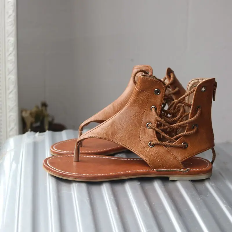 

Summer Women's Sandals Flat Lace zipper PU Round head Sewing thread Ankle strap Peep-toe Casual Walking sandalias Woman shoes