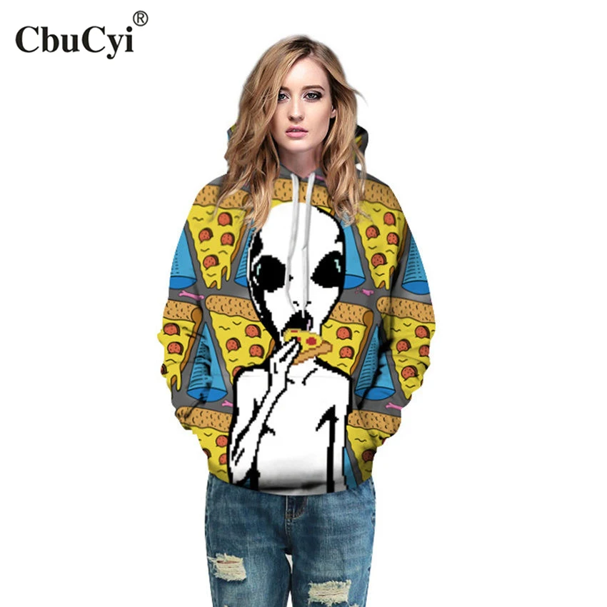 2017 осень зима Для женщин 3D Толстовки чужой пицца принт разработан кофты унисекс с