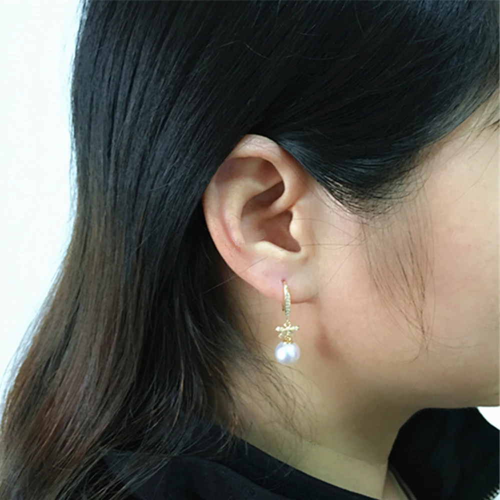 Сильный блеск Akoya Серьги Жемчуг Женская бижутерия Желтое золото 18 карат