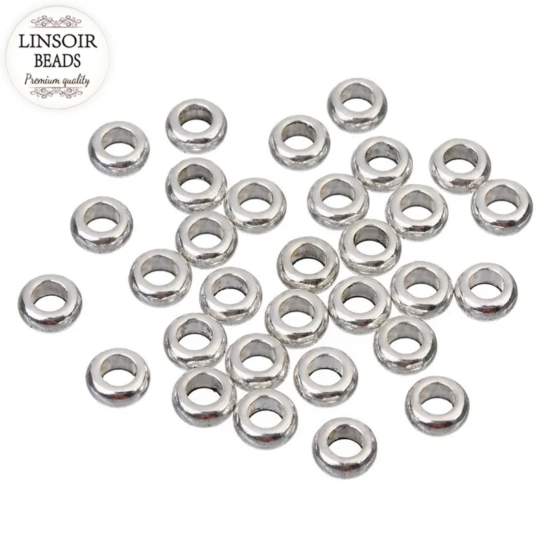 

LINSOIR 30pcs/lot Metal Alloy Spacer Beads Fit 4mm Leather Cord Antique Sliver Color Large Big Hole Bead For DIY Jewelry Making