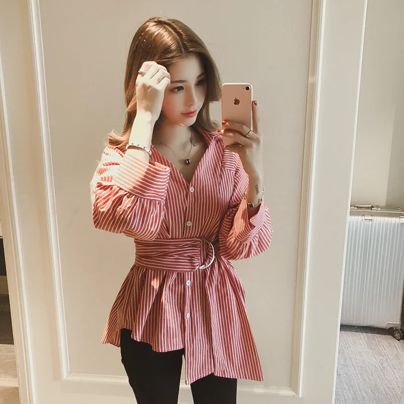 Женские летние рубашки блузки с длинным рукавом в полоску Топы 2017 Повседневная