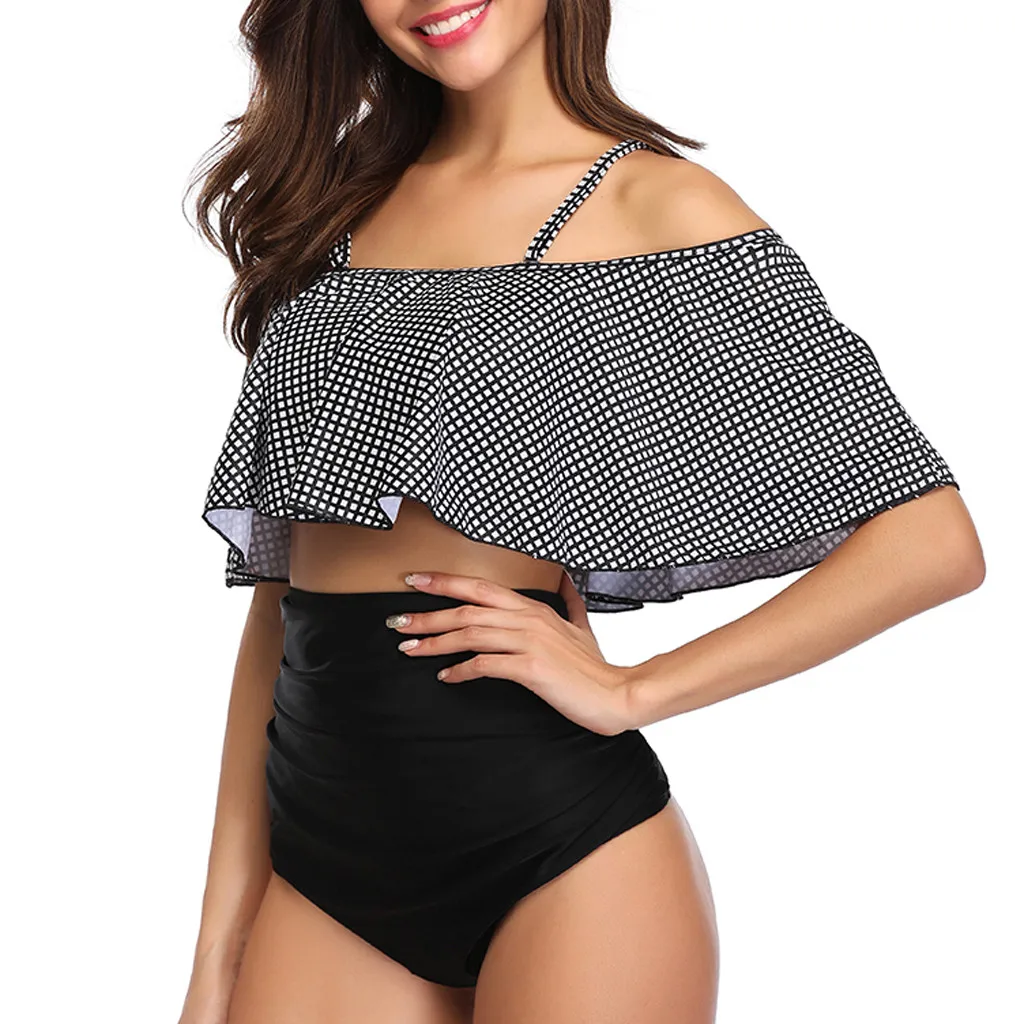 Летние Для женщин Двойка черные точки ванный Комплект Топ Раффлед высокой талией