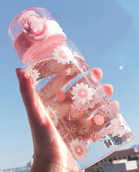 Pink flower Летняя розовая вишневая стеклянная бутылка для воды спортивная Хрустальная крышка прыжка колба портативные взрослые дети детские спортивные питьевые бутылки - Цвет: Pink flower