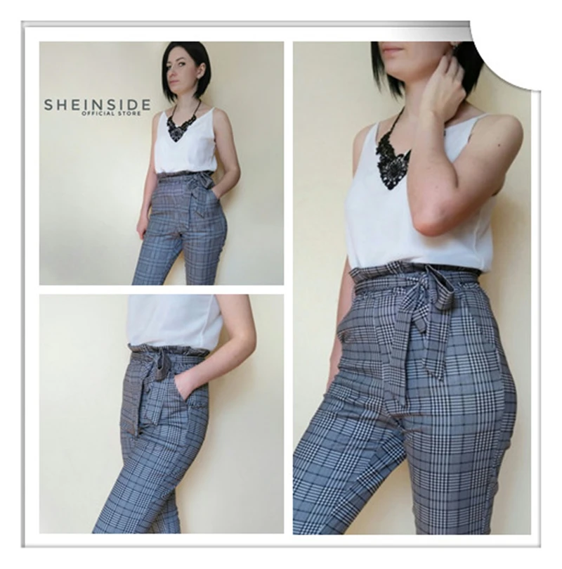 Sheinside серый бумажный мешок с высокой талией клетчатые брюки для сигарет элегантные женские брюки с поясом офисные женские OL рабочие длинные брюки