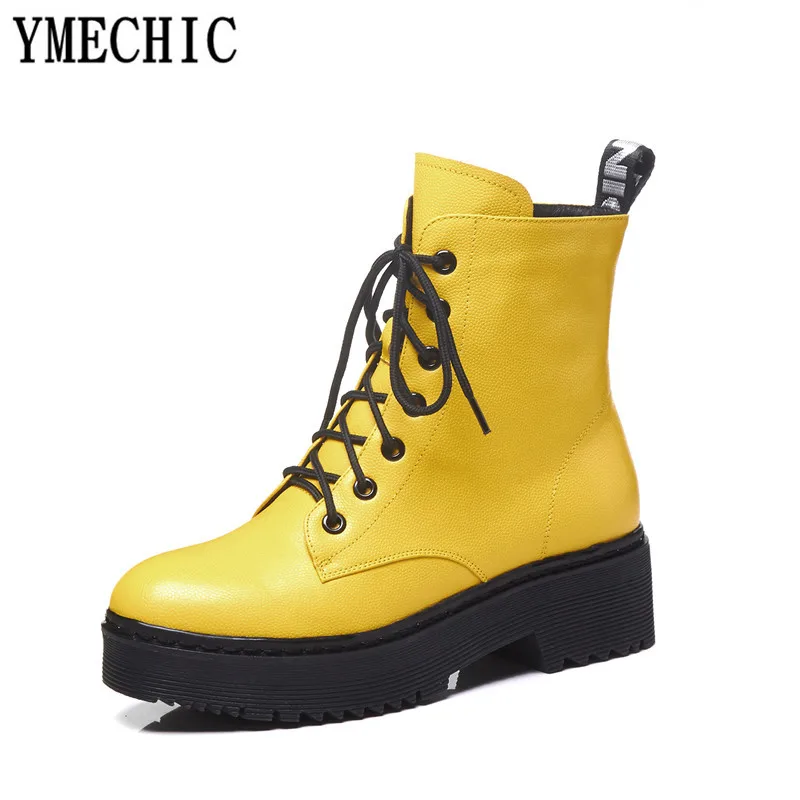 YMECHIC/модные желтые женские ботинки из натуральной кожи на платформе ботильоны в