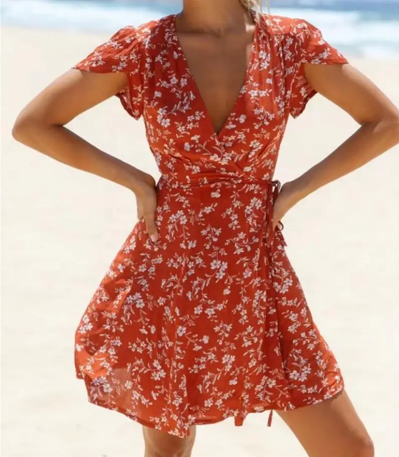 Летнее сексуальное платье с глубоким v образным вырезом коротким рукавом