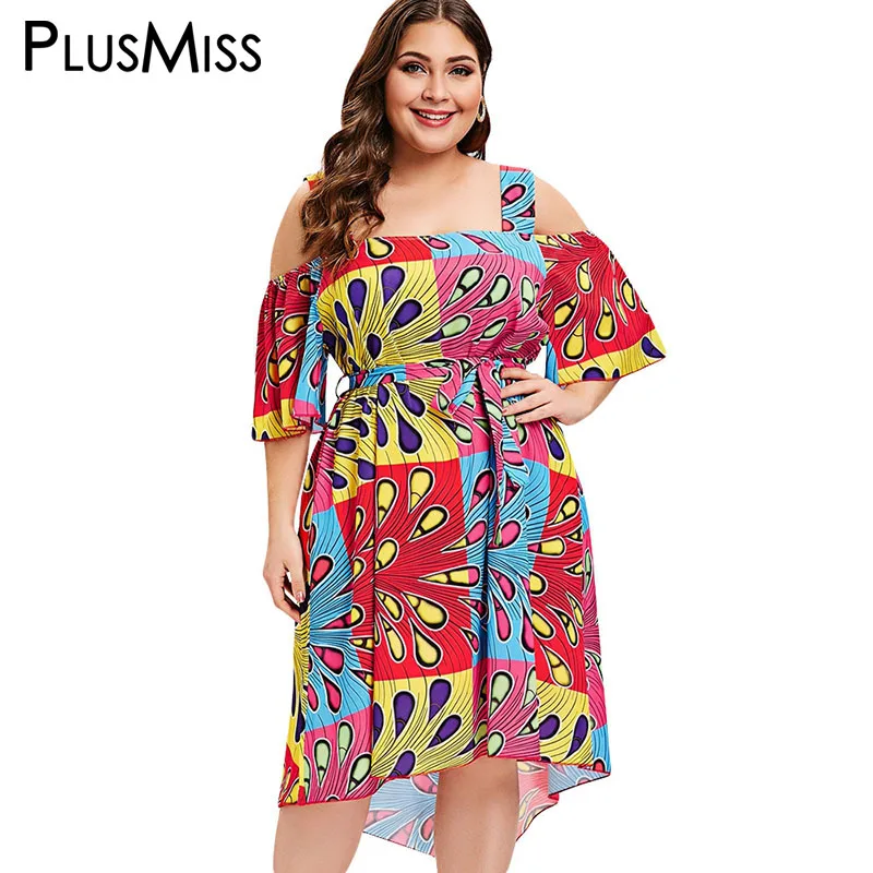 PlusMiss размера плюс 5XL с открытыми плечами принтом &quotпавлиньи перья&quot Свободное